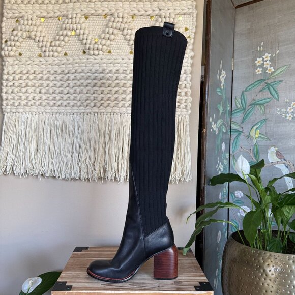 KELSI DAGGER BROOKLYN Black Leather Knit Over The Knee Curved Block Heel Boots - Picture 11 of 16